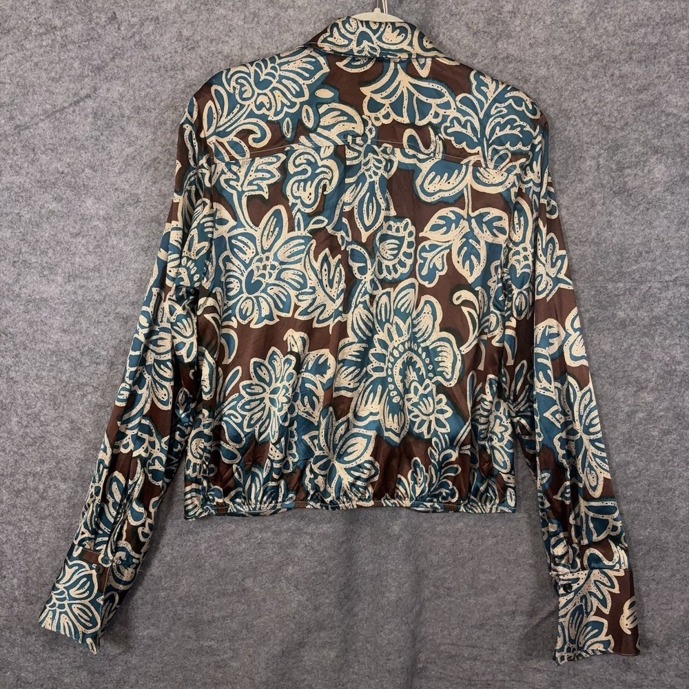 Finley Satin Blouse Womens Sz L Brown Blue Floral Twist Front French Cuffs - Picture 2 of 7